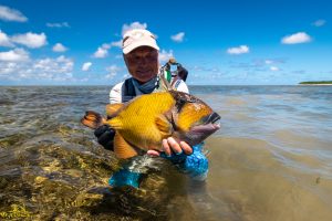Fly fishing for Triggerfish on Providence Atoll, Seychelles